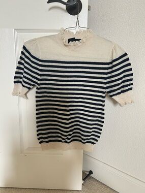 Zara Cream and Navy Striped Ruffled Mock Neck Sweater